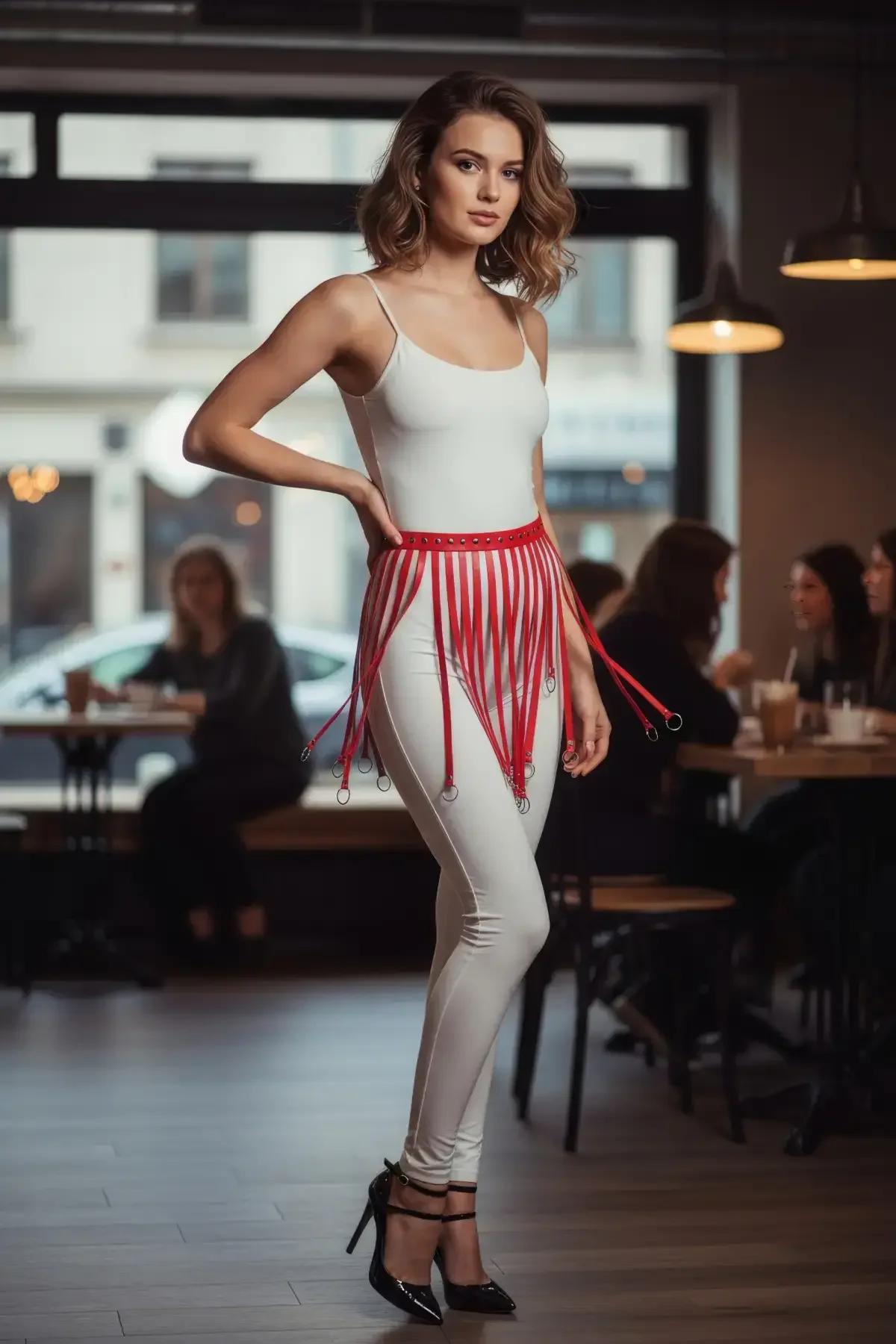 Beyaz dar tayt ve body üzerinde kırmızı püskül bel harness tam boy yan görünüm