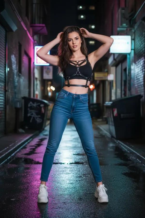 Şehir gece ortamında siyah crop top üzerinde dört gümüş O-halkalı siyah suni deri kafes göğüs harness