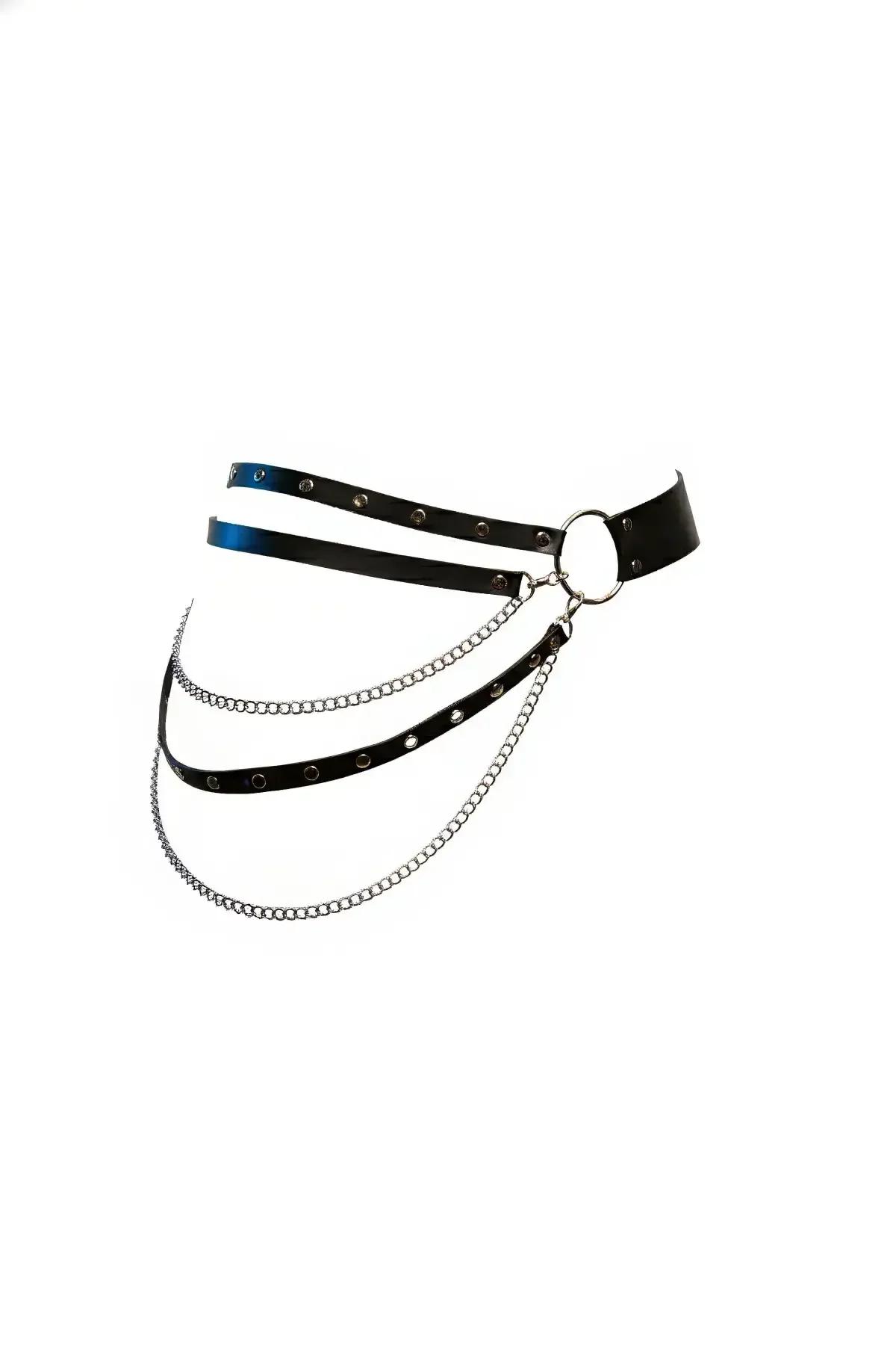Gümüş O-halka ilmek zımbalı ve üç sallantı zincirli siyah suni deri bel harness