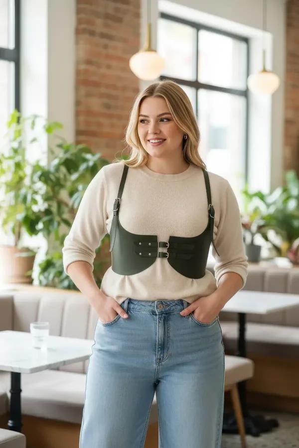 krem örgü kazak üzerine çift gümüş toka kapamalı zeytin yeşili suni deri yapısal underbust harness