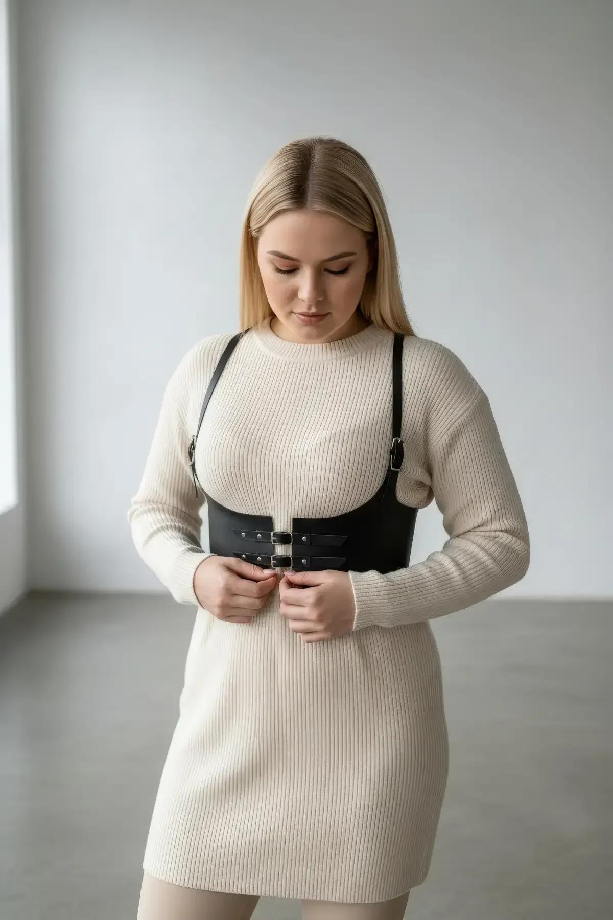 ayarlanabilir gümüş toka kapama gösteren siyah suni deri underbust harness arka görünüm