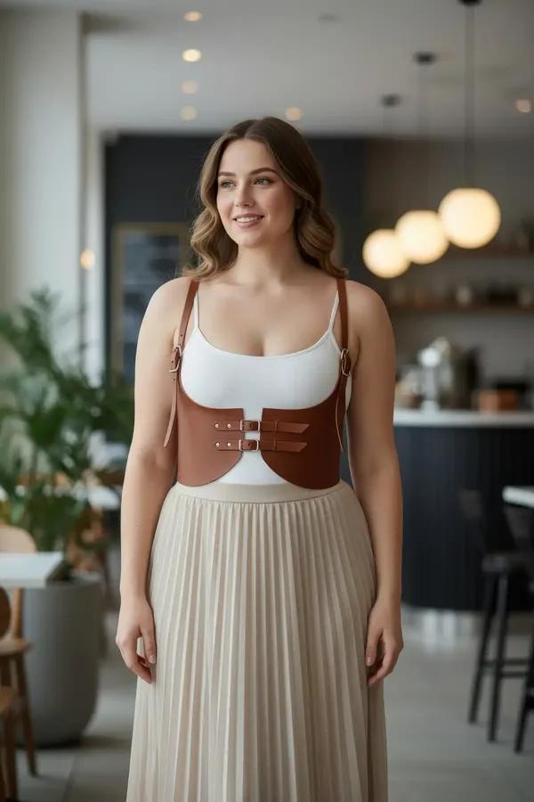 beyaz tişört üzerine çift ön toka ve ince altın tonlu omuz askılarıyla kahverengi suni deri underbust korse harness üst