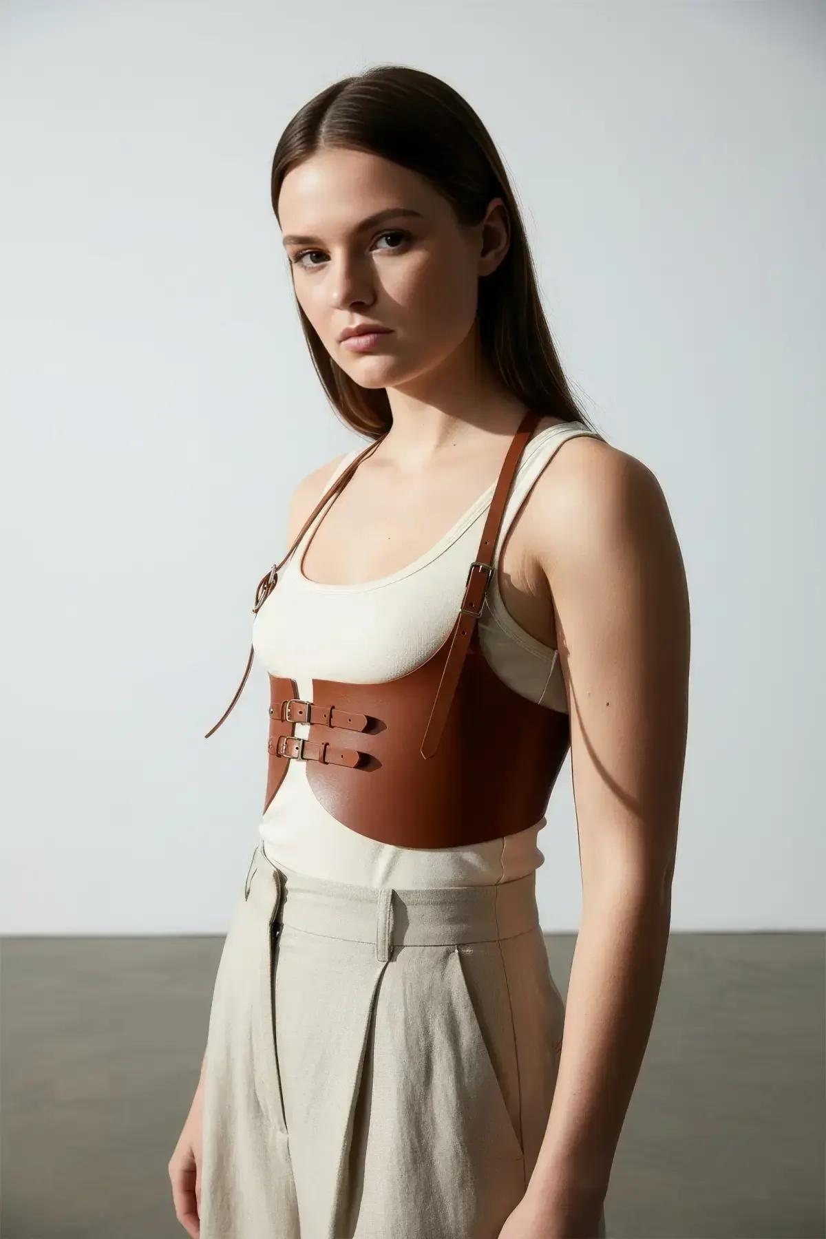 beyaz atlet ve bej pilili midi etek üzerine katmanlı kahverengi underbust harness gündüz kombinasyonu