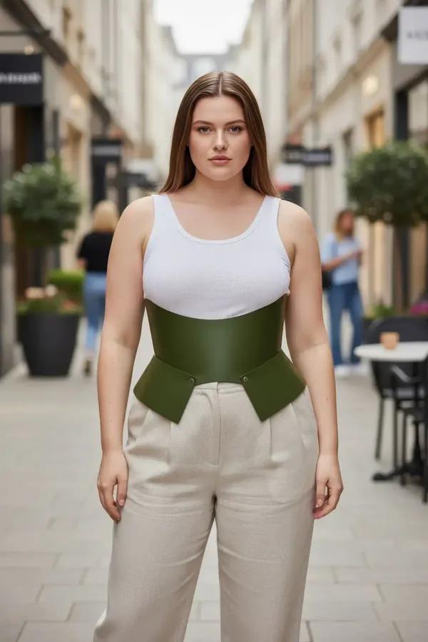 beyaz atlet ve bej pantolon üzerine yapısal peplum eteği olan geniş zeytin yeşili suni deri korse kemeri