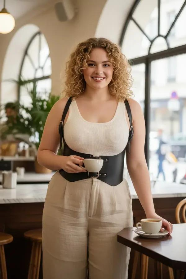 beyaz fitilli üst üzerine ayarlanabilir omuz askıları ve ön gümüş tonlu tokayla siyah suni deri underbust korse harness