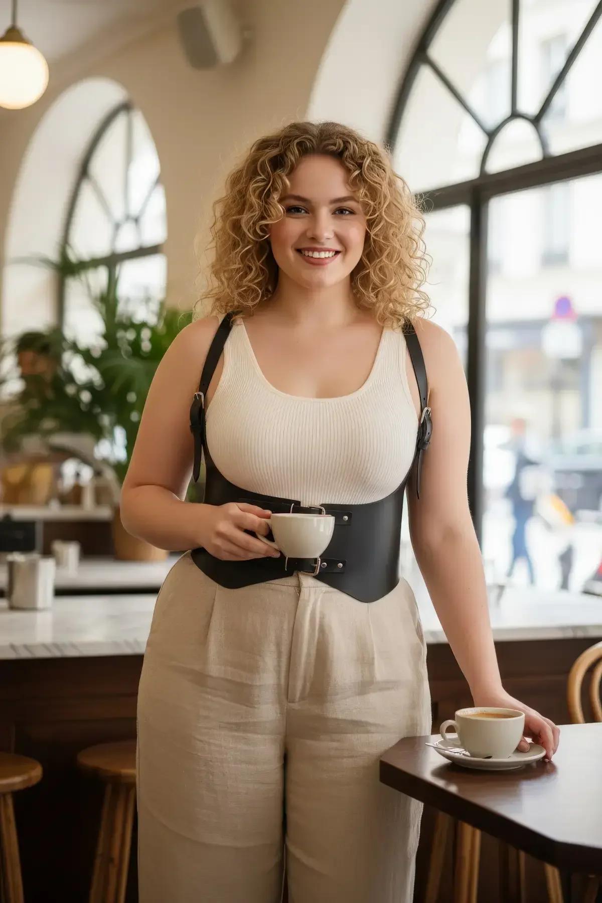 beyaz fitilli üst üzerine ayarlanabilir omuz askıları ve ön gümüş tonlu tokayla siyah suni deri underbust korse harness