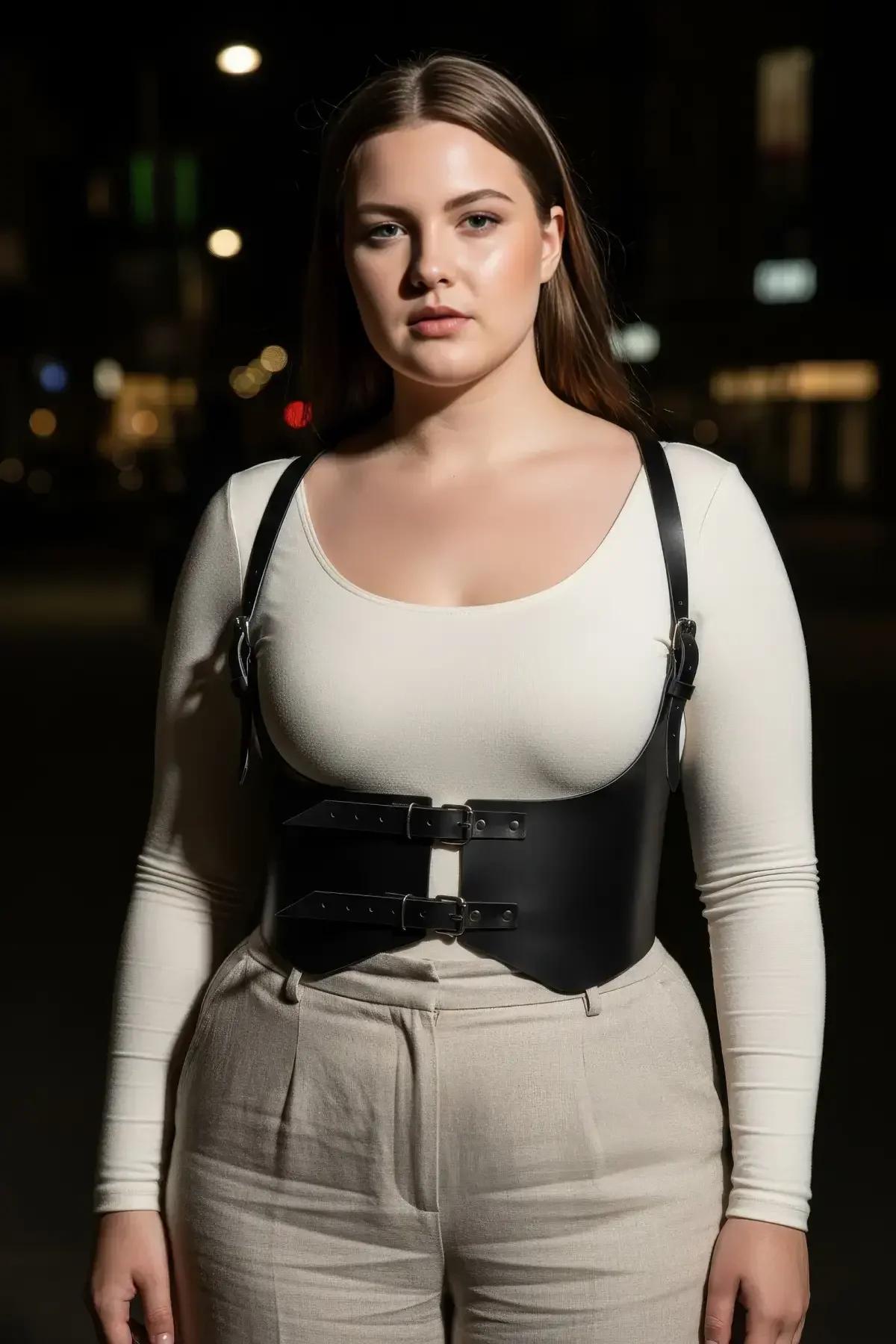 ayarlanabilir omuz askısı kaydırıcıları gösteren siyah vegan deri underbust harness arka görünüm