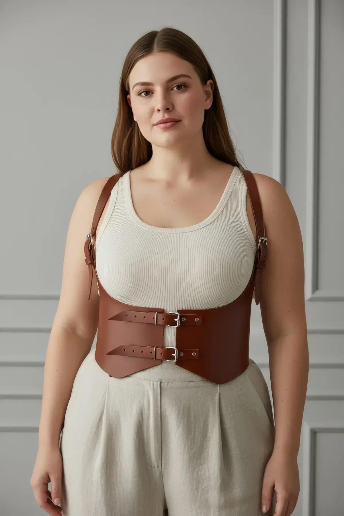 ayarlanabilir askı donanımlı geniş ten rengi suni deri bel harness kemeri arka görünüm