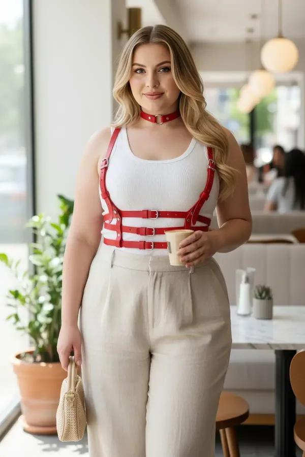 beyaz atlet üzerine üç tokalı yatay askı ve eşleşen çokerle kırmızı suni deri kafesli underbust harness