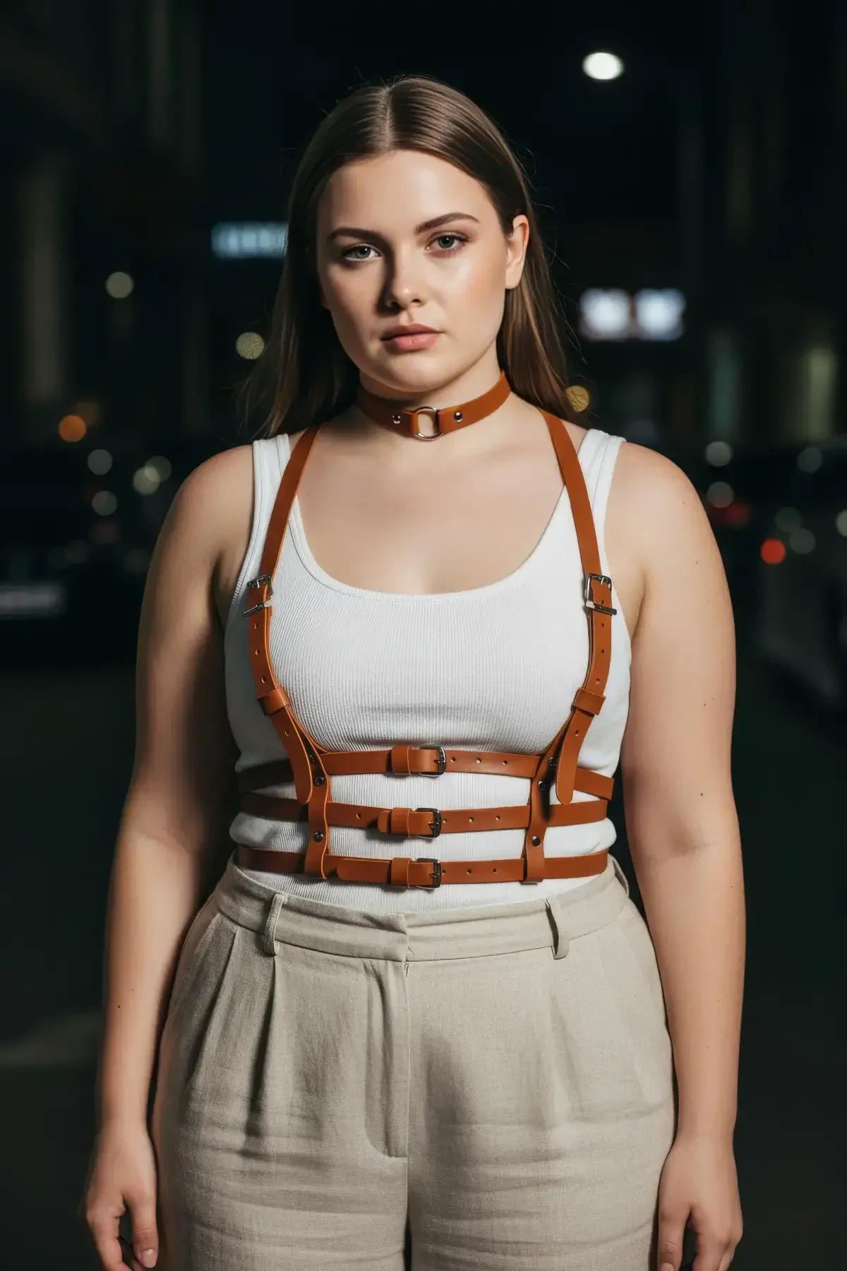 geniş paça pantolon üzerine stillenmiş ayarlanabilir tokalı karamel ten rengi vegan deri göğüs harness
