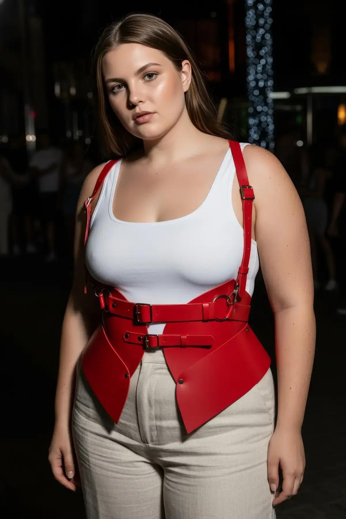 krem bodysuit ve geniş paça pantolon üzerine katmanlı yapısal kırmızı waspie harness tam boy kombin görünümü