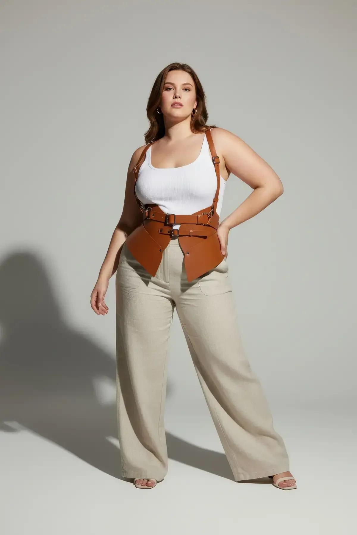 geniş paça keten pantolon üzerinde karamel vücut harness kemeri yan profil görünümü