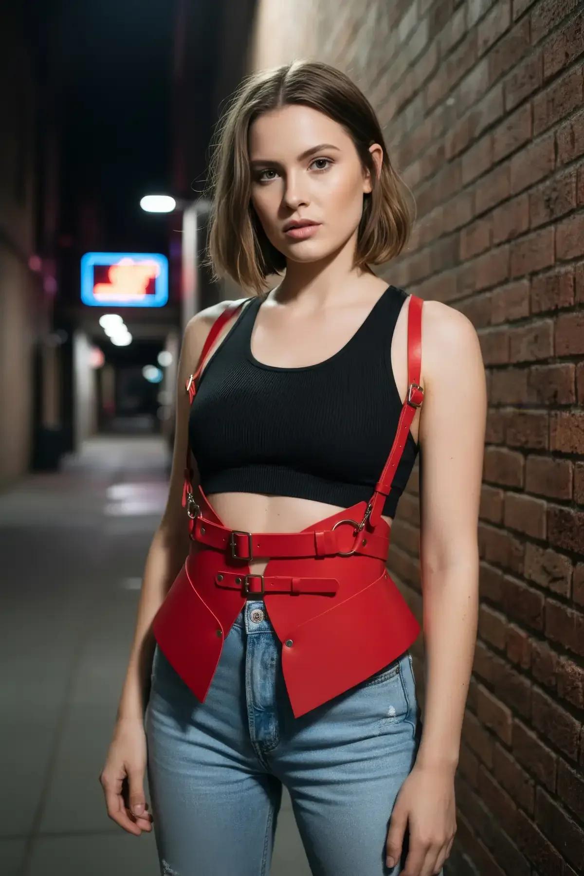 mavi denim kot üzerine kombine sivri etek panelleriyle kırmızı altgöğüs korse harness