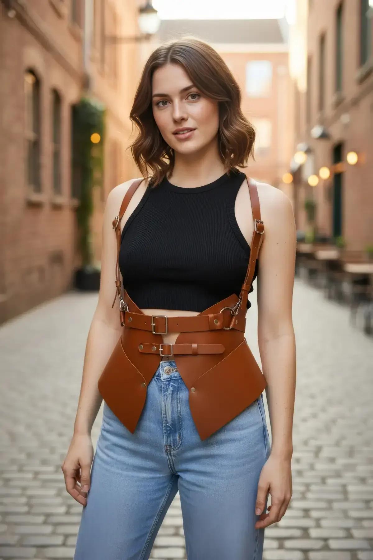 çift gümüş toka kapama ve peplum panel sarkmasını gösteren koyu kahverengi suni deri bel harness ön görünümü