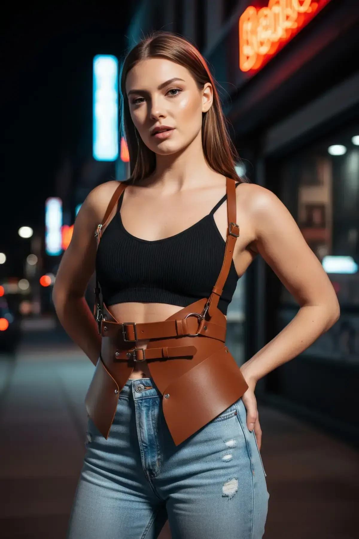 yapılandırılmış taba peplum harness çinko alaşım D-halka ve ayarlanabilir omuz askısı sürgü donanımı detayı