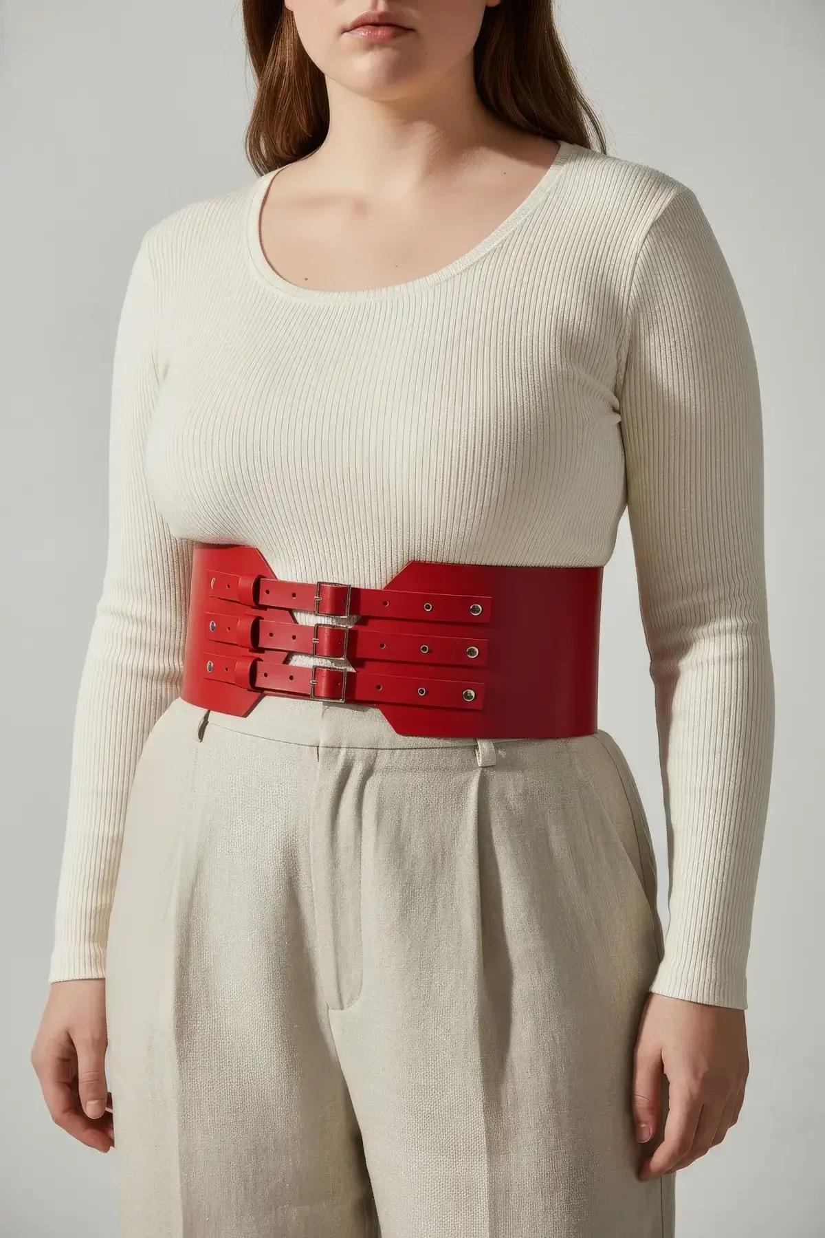 tam 11 cm panel yüksekliği ve zımba düzenini gösteren kırmızı korse bel harness kemeri düz sergileme