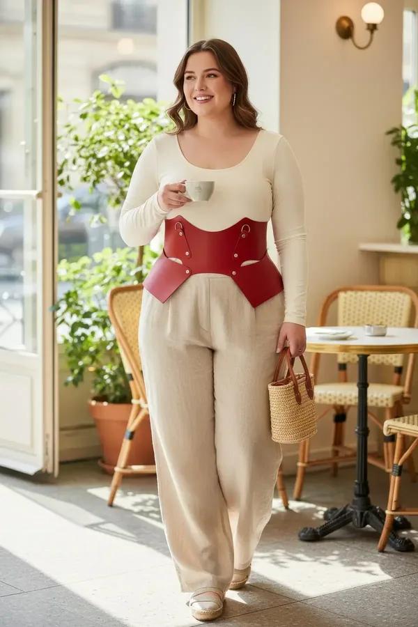 krem bodysuit üzerine şekillendirilmiş ön paneller ve gümüş tonlu zımba donanımlı kırmızı suni deri bel harness