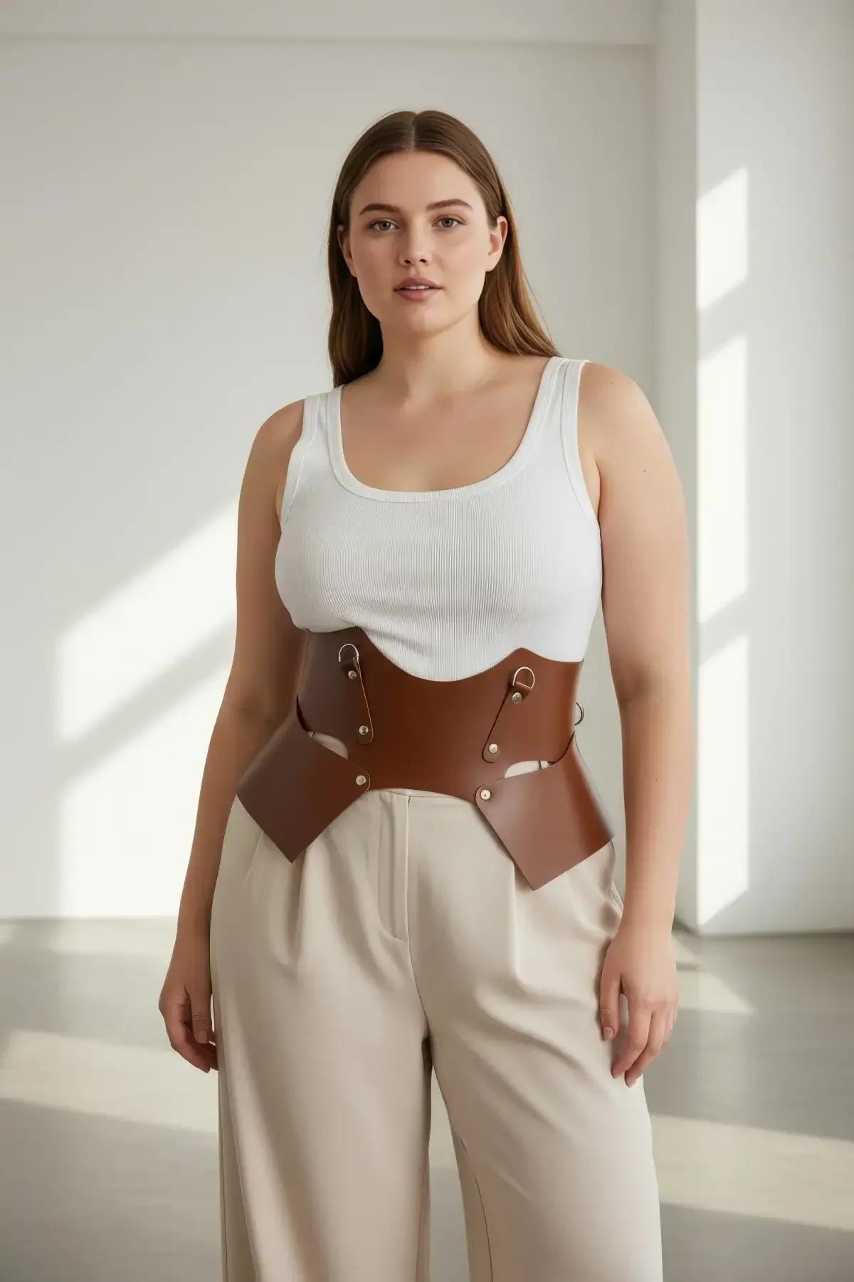 konjak kahverengi underbust bel harness yan panel bağlantısında altın tonlu kaynaklı O-halka çıtçıt detayı