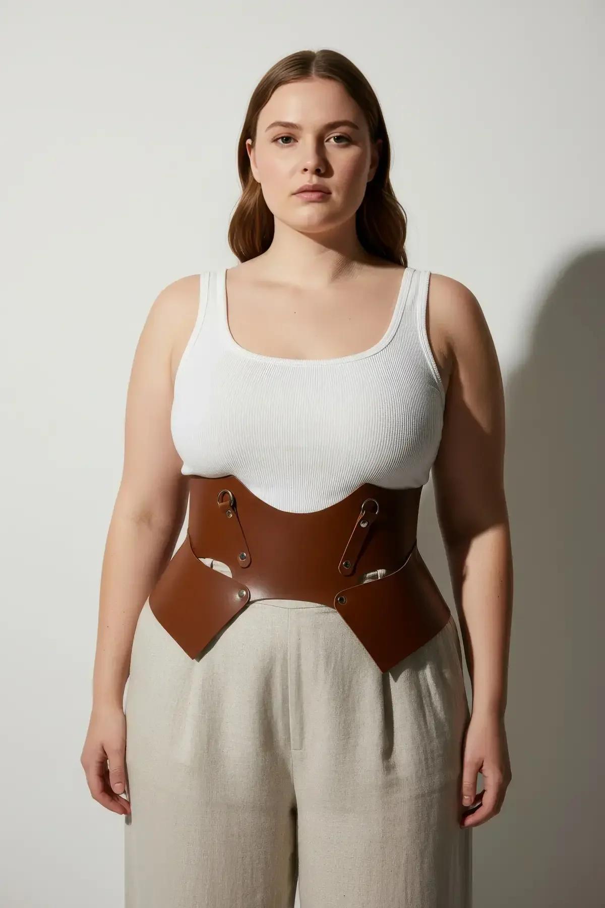 çok kancalı bağlama kapama ve ayarlanabilir fit sistemi gösteren konjak deri underbust harness arka görünüm