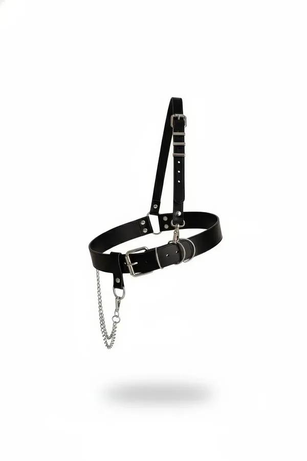 tek çapraz omuz askısı, gümüş D-halka donanımı ve sarkan zincir detaylı siyah suni deri bel harness