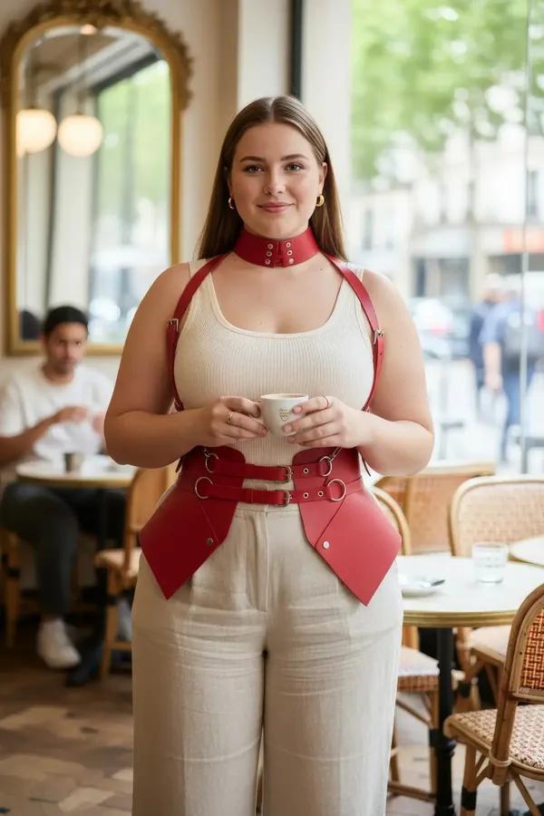 krem atlet ve keten pantolon üzerine gümüş O-halkalar ve eşleşen zımbalarla kırmızı suni deri korse bel kemeri harness ve çoker seti
