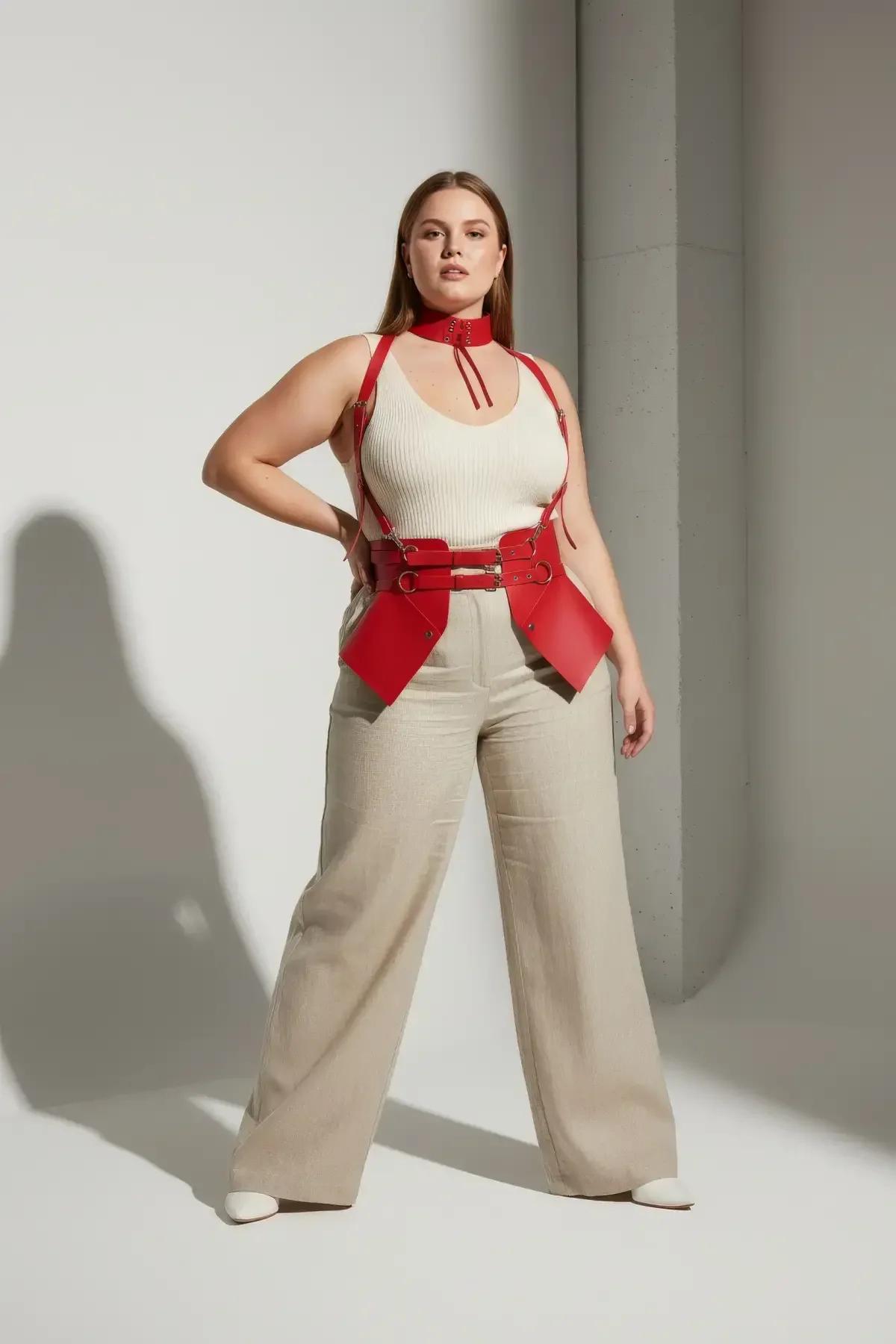 gümüş zımba sırası ve arka tokal donanımı gösteren korse harness setinden kırmızı zımbalı çoker