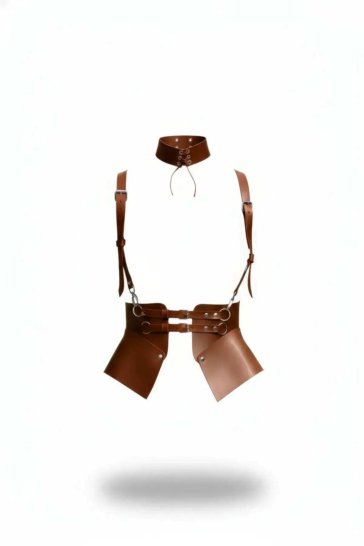 Taba vegan deri vücut harnessı choker yaka omuz askısı ve gümüş O-ring korset bel bandı