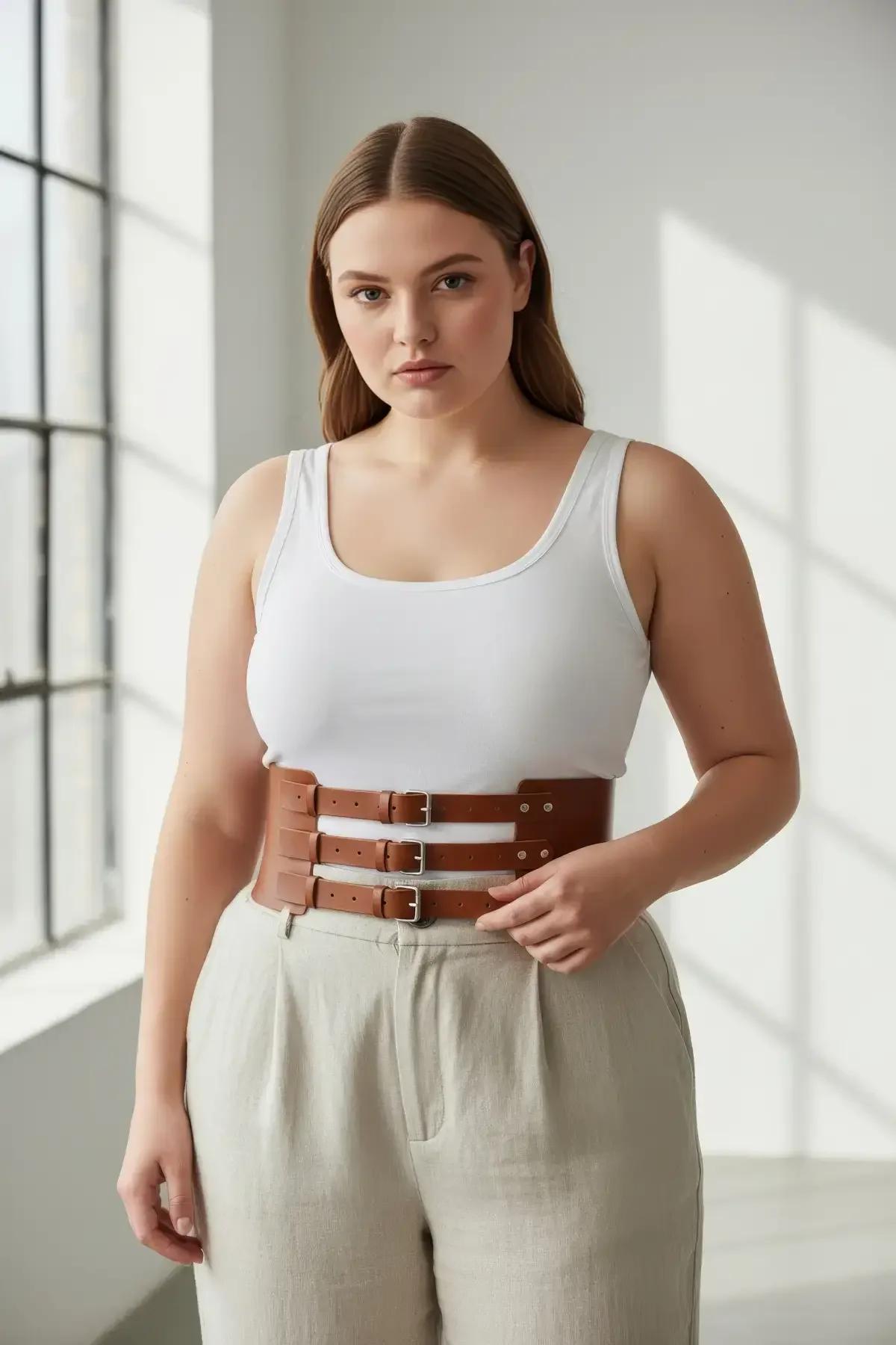 kahverengi geniş harness kemer arka panel askı yapısı 12 cm yüksekliğinde bel bandı
