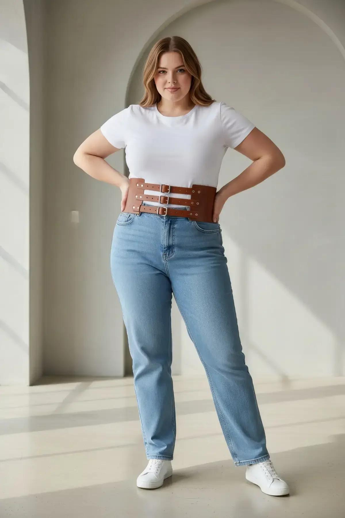 Büyük Beden Taba Kadın Kemer Üç Tokalı Korse Stil Bel Vurgulayıcı - APFT624