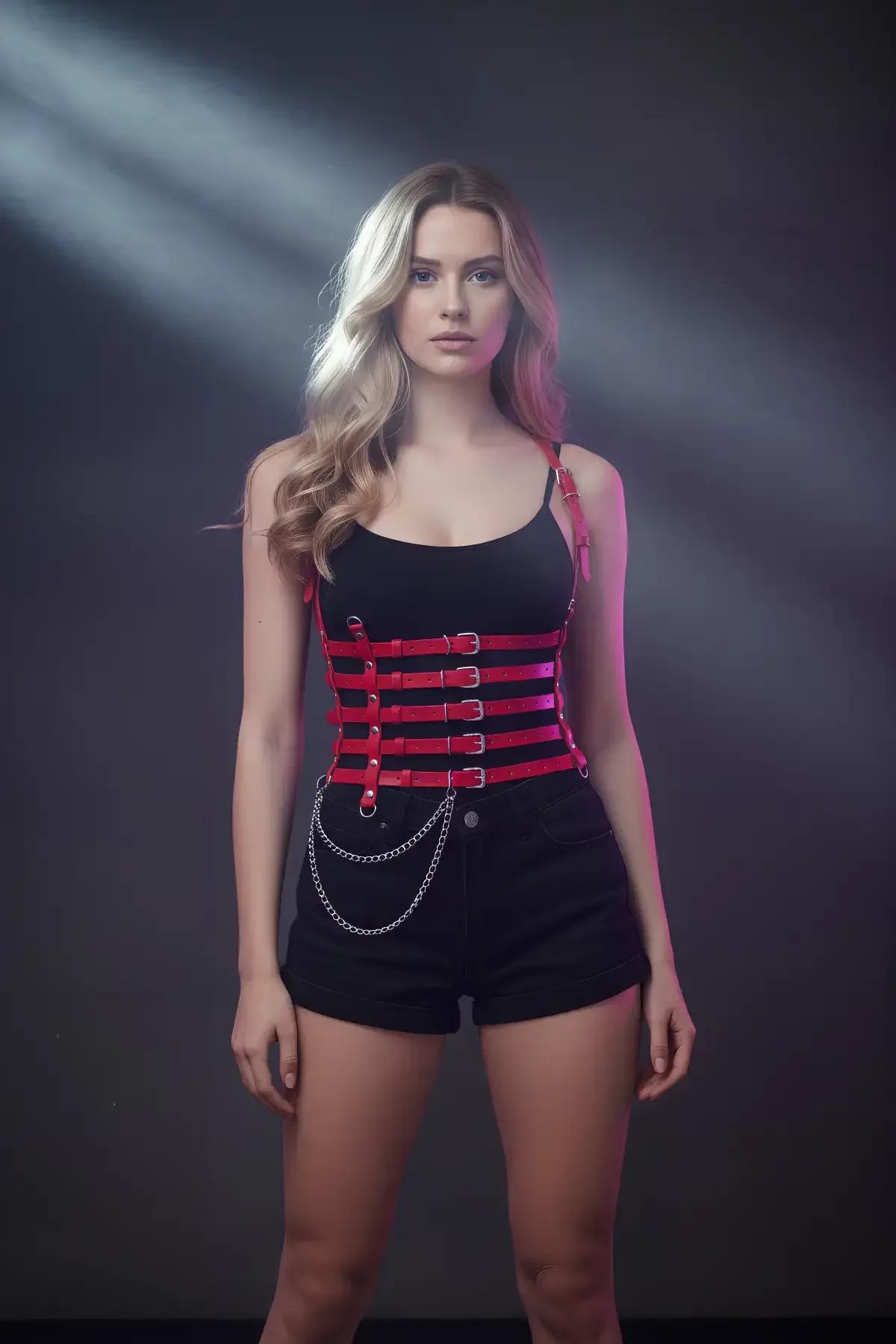 kırmızı vegan deri korse harness omuz askısı ve iğne toka ayar detayı