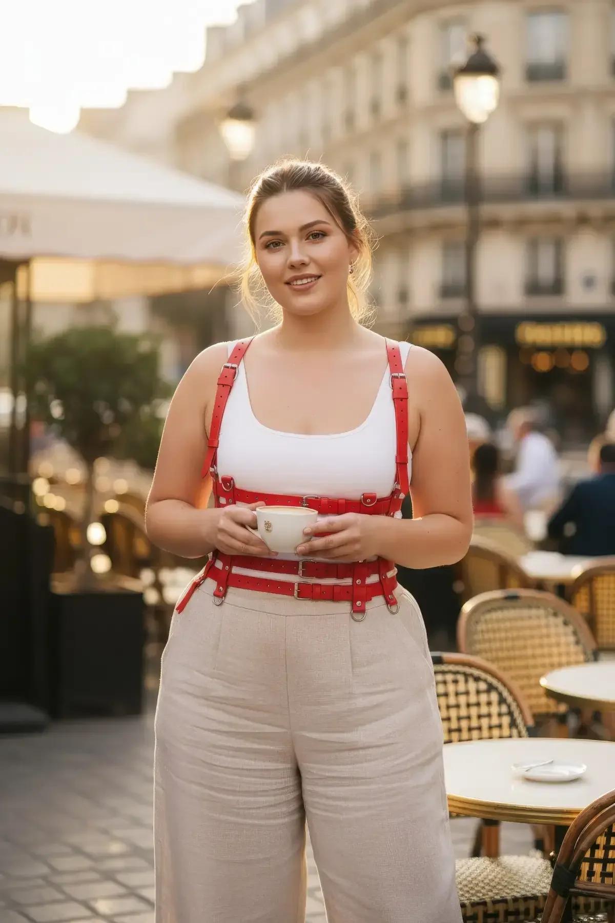 beyaz atlet ve bol paçalı pantolon üzerine giyilmiş gümüş tokalı kırmızı suni deri çok askılı vücut harness