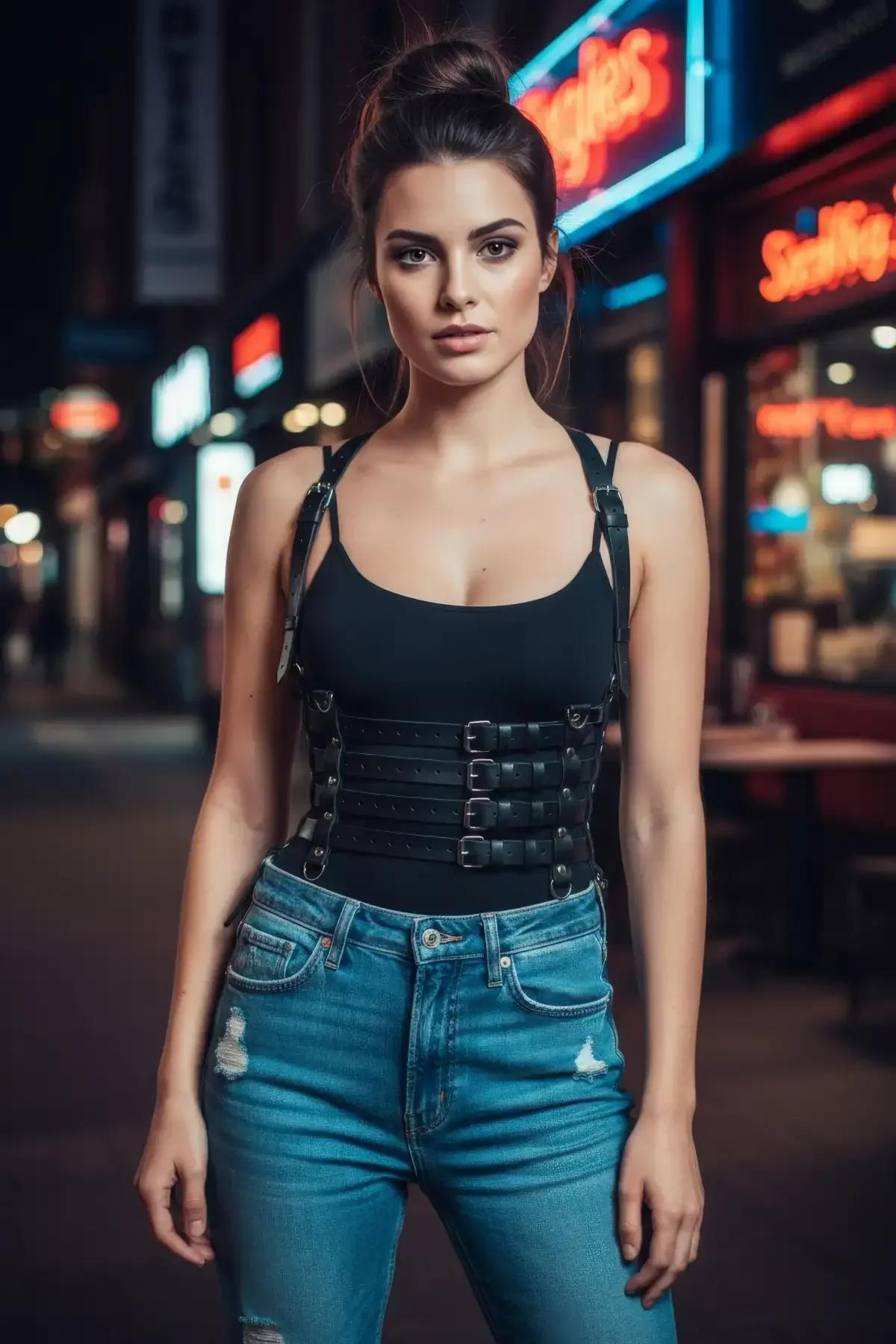 1,8 cm geniş askılar ve çinko alaşım krom kaplama tokaları gösteren siyah suni deri korse harness detayı