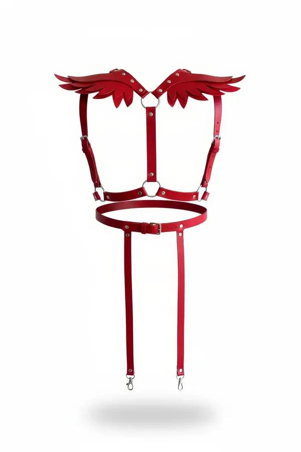 Katmanlı tüy kesimli omuz kanatları, gümüş O-halka, ayarlanabilir bel bandı ve çıkarılabilir parçalarla kırmızı suni deri kanatlı vücut harness