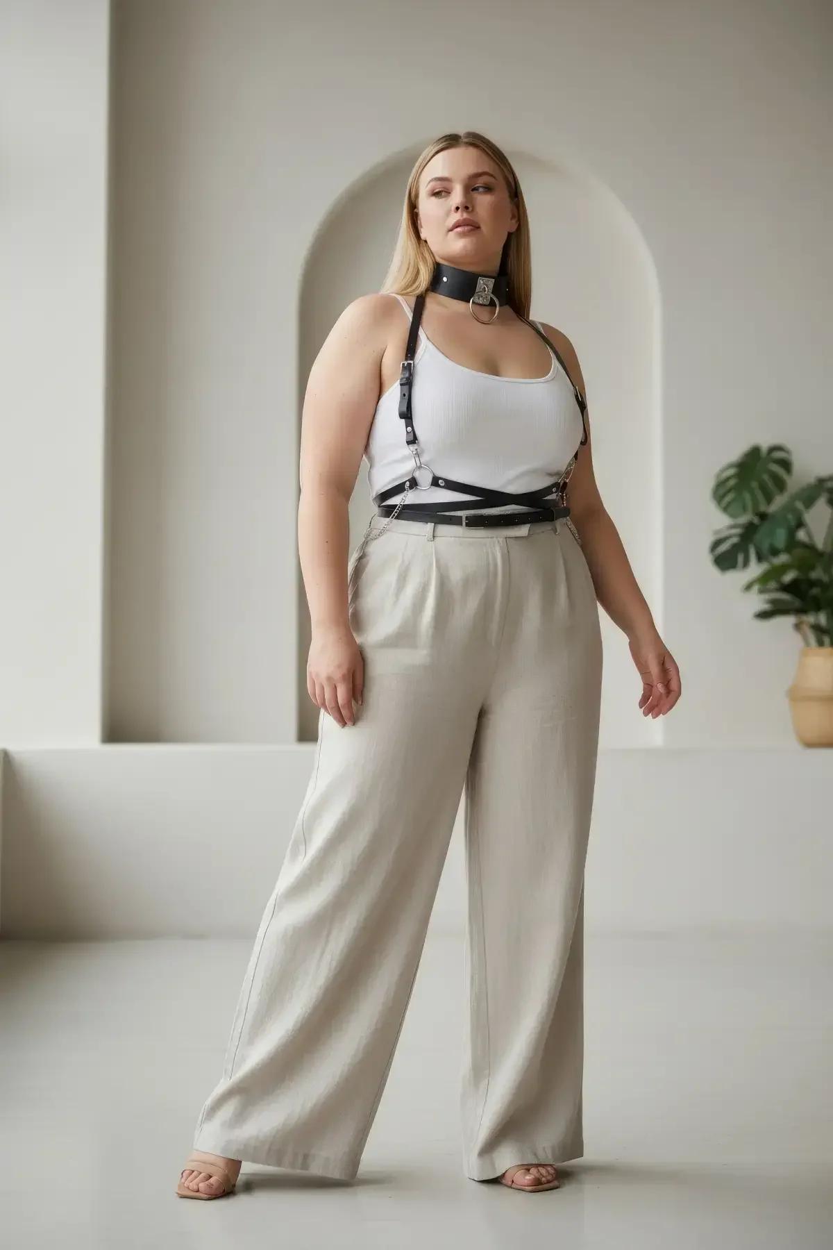 siyah PU deri harness boyunluk detayı altın metal toka yakın çekim