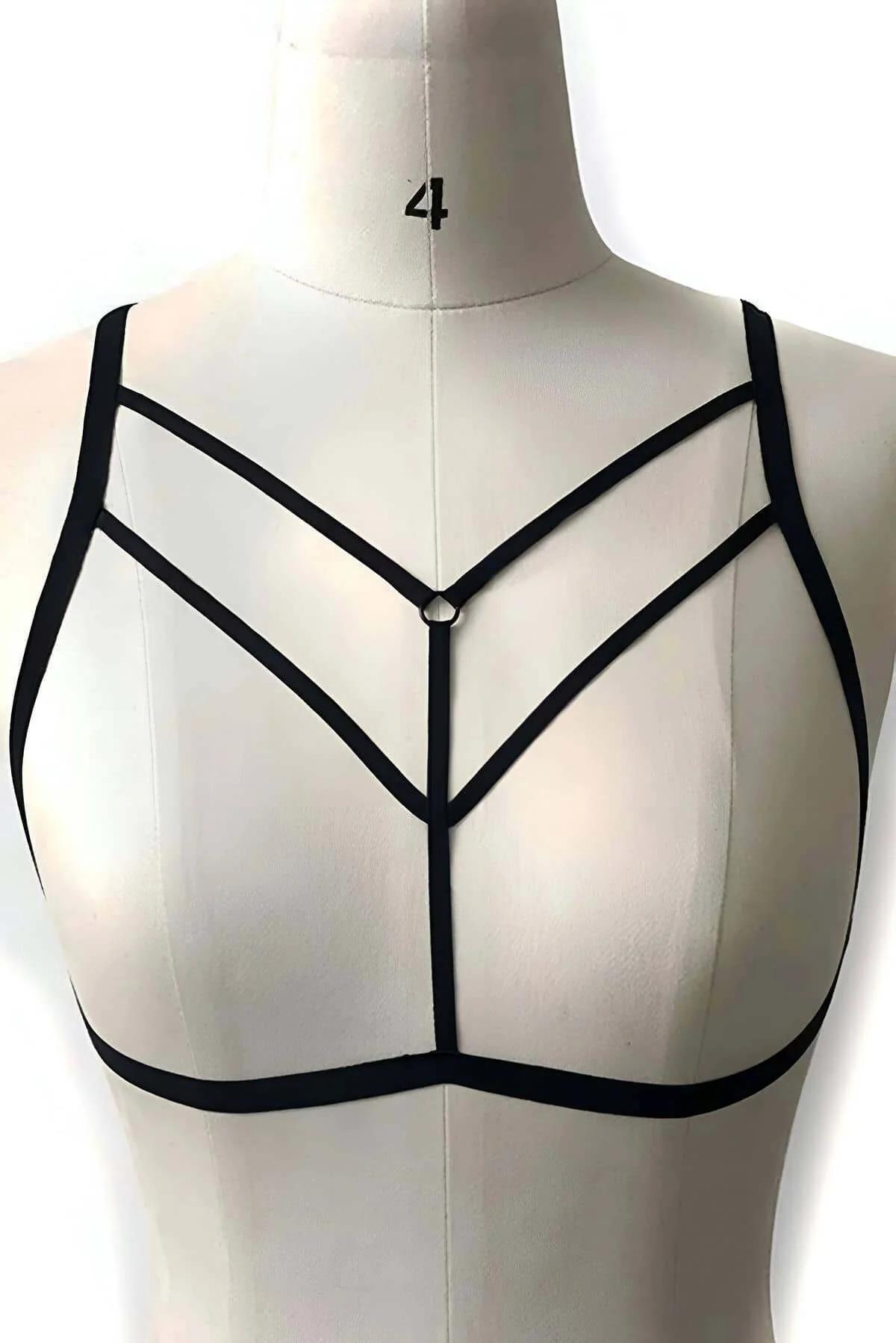 geometrik kafes göğüs harness siyah elastik bant blazer altı kombinasyon