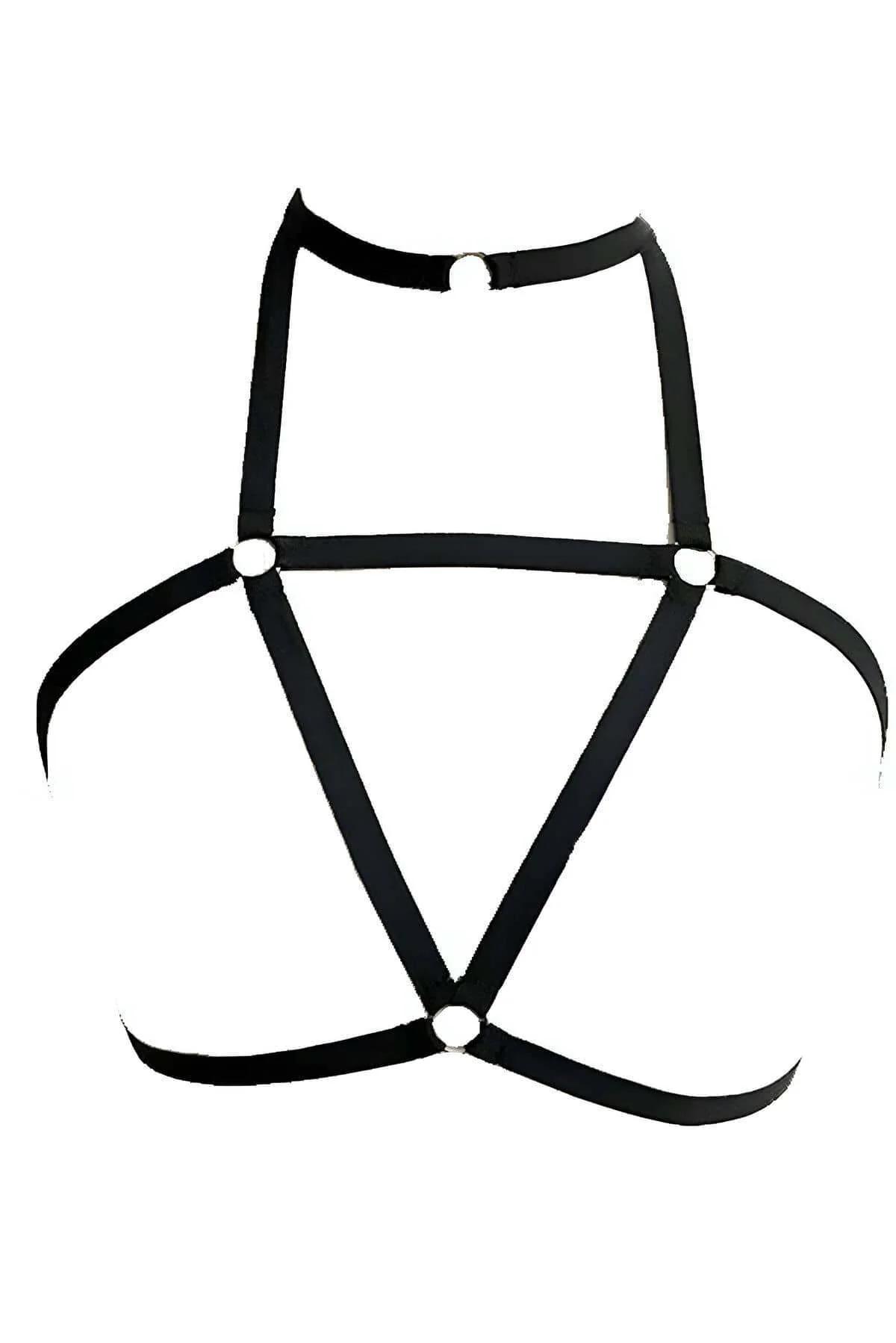 siyah strappy harness choker detayı gümüş O-ring yakın çekim