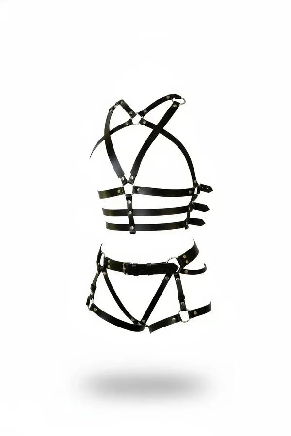 Gümüş O-halkalar ve perçinlerle siyah suni deri kafes sütyen ve jartiyer kemeri harness seti, iki parçalı vücut harness