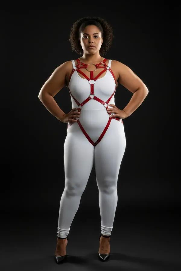 Beyaz bodysuit üzerinde 5 gümüş O-halkalı kırmızı suni deri vücut harness, göğüsten kalçalara geometrik askı tasarımı