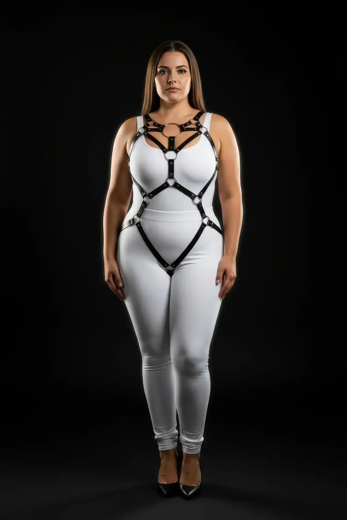 Göğüs ve belde gümüş O-halkalı siyah PU askı vücut harness önden görünüm detayı
