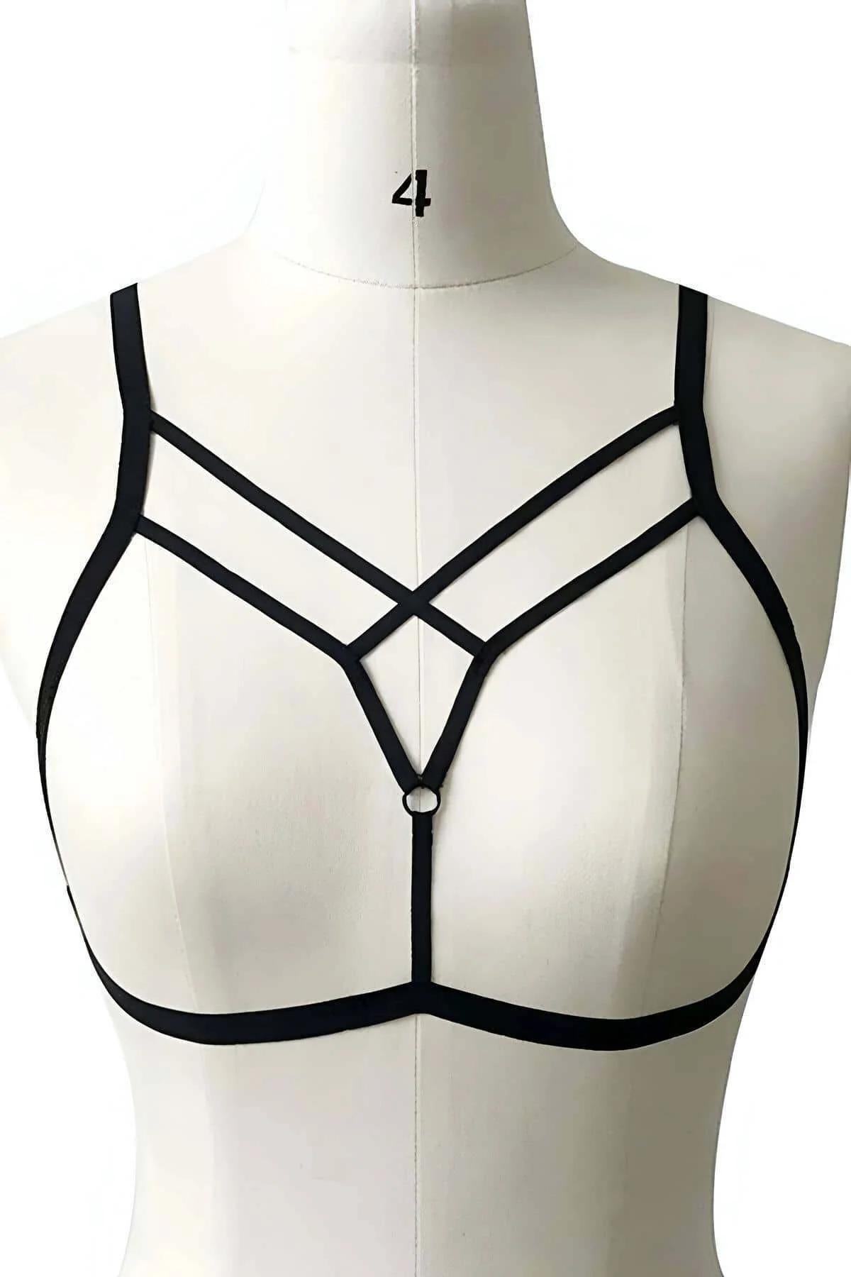 Siyah elastik harness yakın çekim: 1,5 cm bant genişliği ve gümüş metal halka merkez bağlantısı