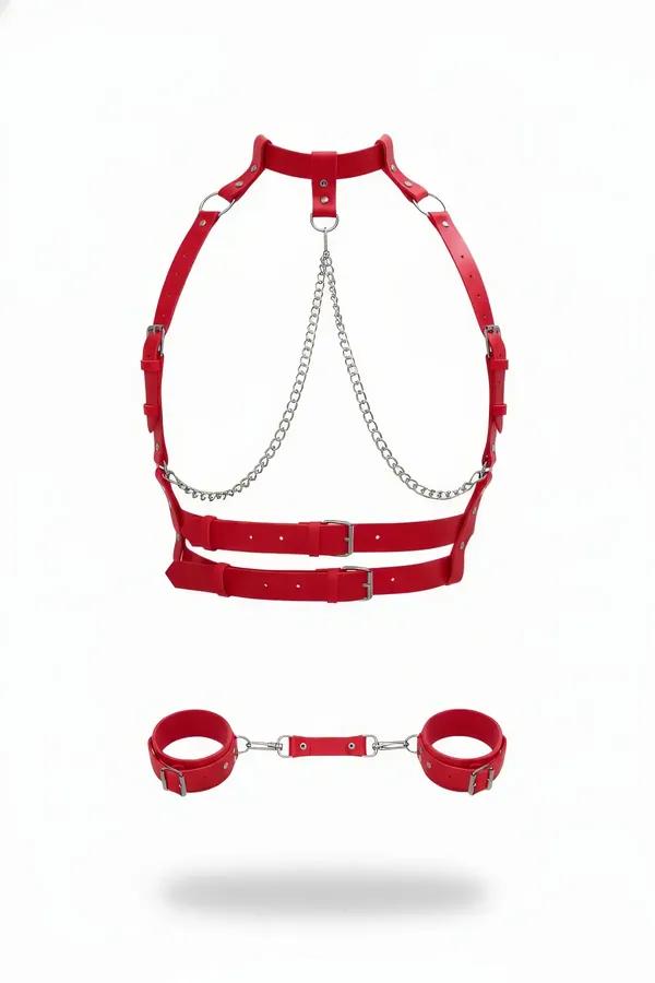 Beyaz arka plan üzerinde gümüş zincir drape ve çıkarılabilir bilek manşetleriyle kırmızı suni deri vücut harness seti