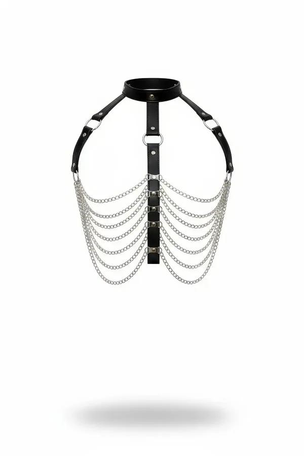 Göğüs üzerinde sekiz sarkan gümüş renkli zincir sırası ve gümüş O-halka omuz askılarıyla siyah suni deri çoker vücut harness