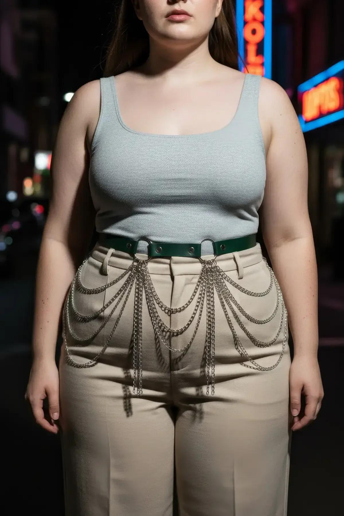 bol paçalı pantolon üzerine giyilmiş gümüş zincirli yeşil vegan deri bel harness kemer