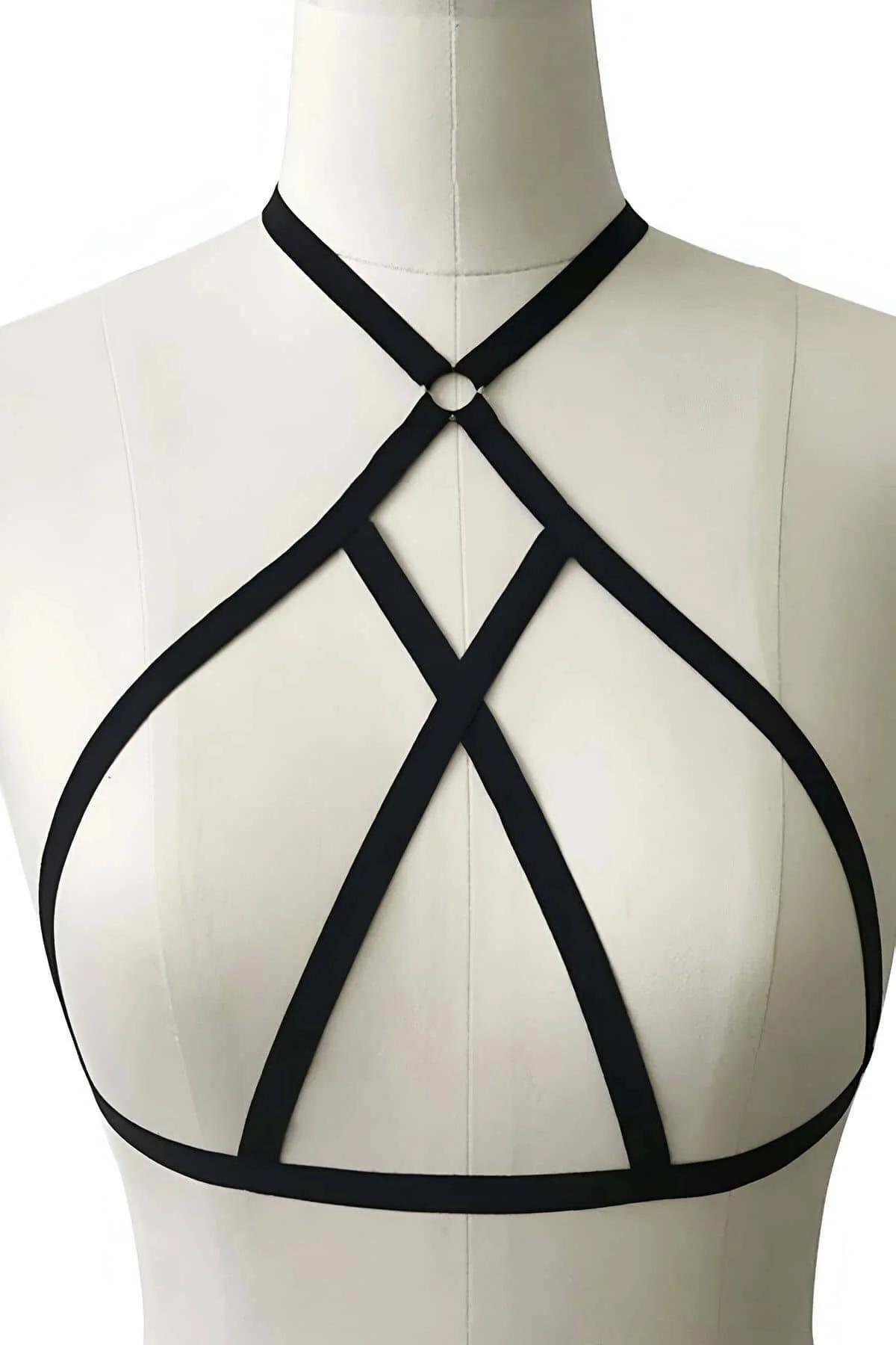 Elastik kafes harness S/M beden üzerinde, choker yaka bandı ve omuz askısı detayı