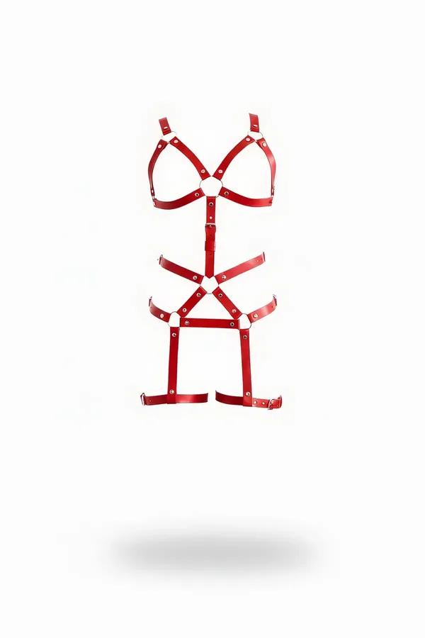 Gümüş O-halka, kafes sütyen ve ayarlanabilir uyluk askı halkalarıyla kırmızı suni deri tam vücut harness