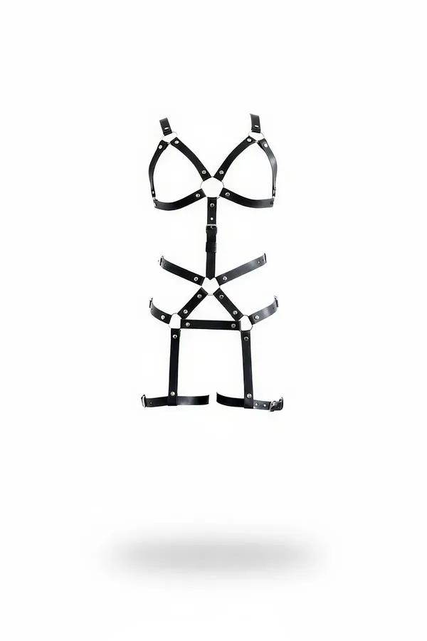 Kafes sütyen üst, X-çapraz bel paneli ve gümüş O-halkalarla ayarlanabilir jartiyer askılı siyah suni deri tam vücut harness