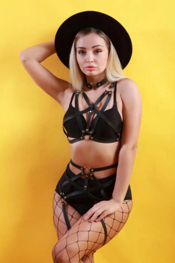 siyah vegan deri harness takım üst kafes harness alt jartiyer harness ve tasma 3 parça antik pirinç O-ring