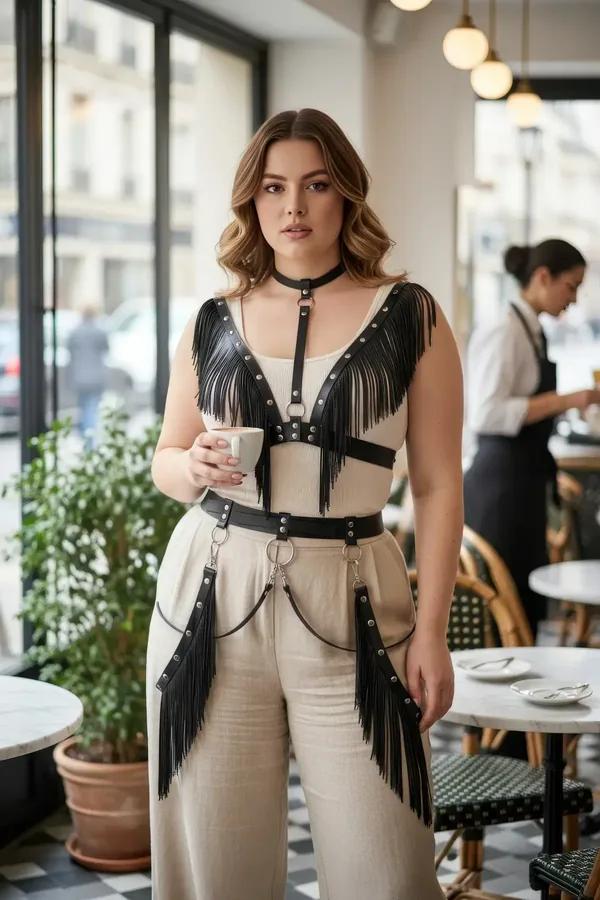 krem üst üzerine giyilmiş gümüş zımba, O-halka zincir sarkmalar ve uyumlu çokerli siyah suni deri saçaklı vücut harness