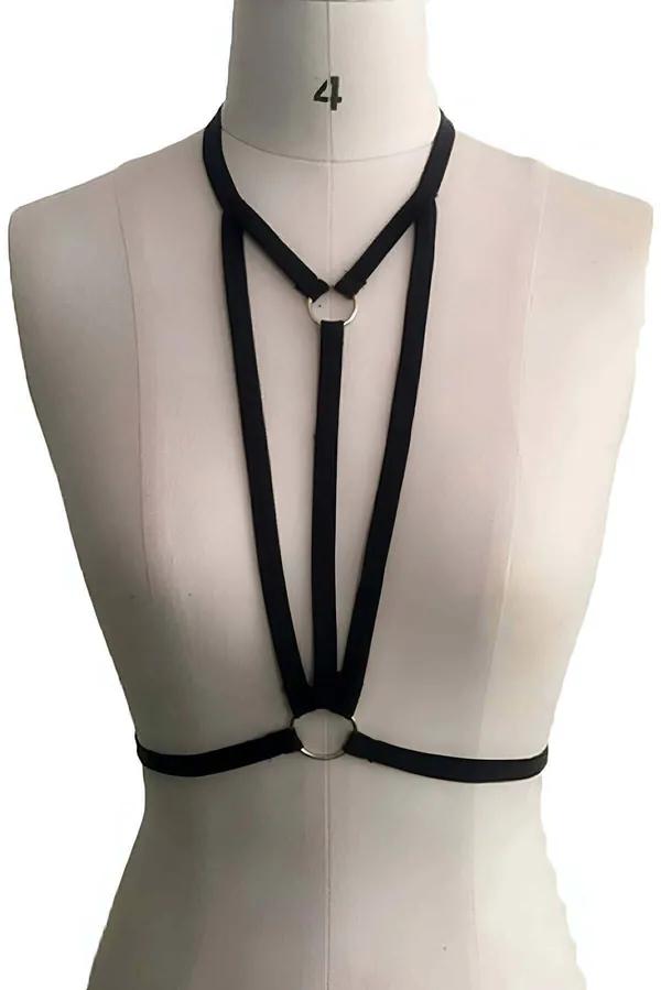 siyah elastik göğüs harness choker boyun bandı iki gümüş O-ring geometrik bant yapısı