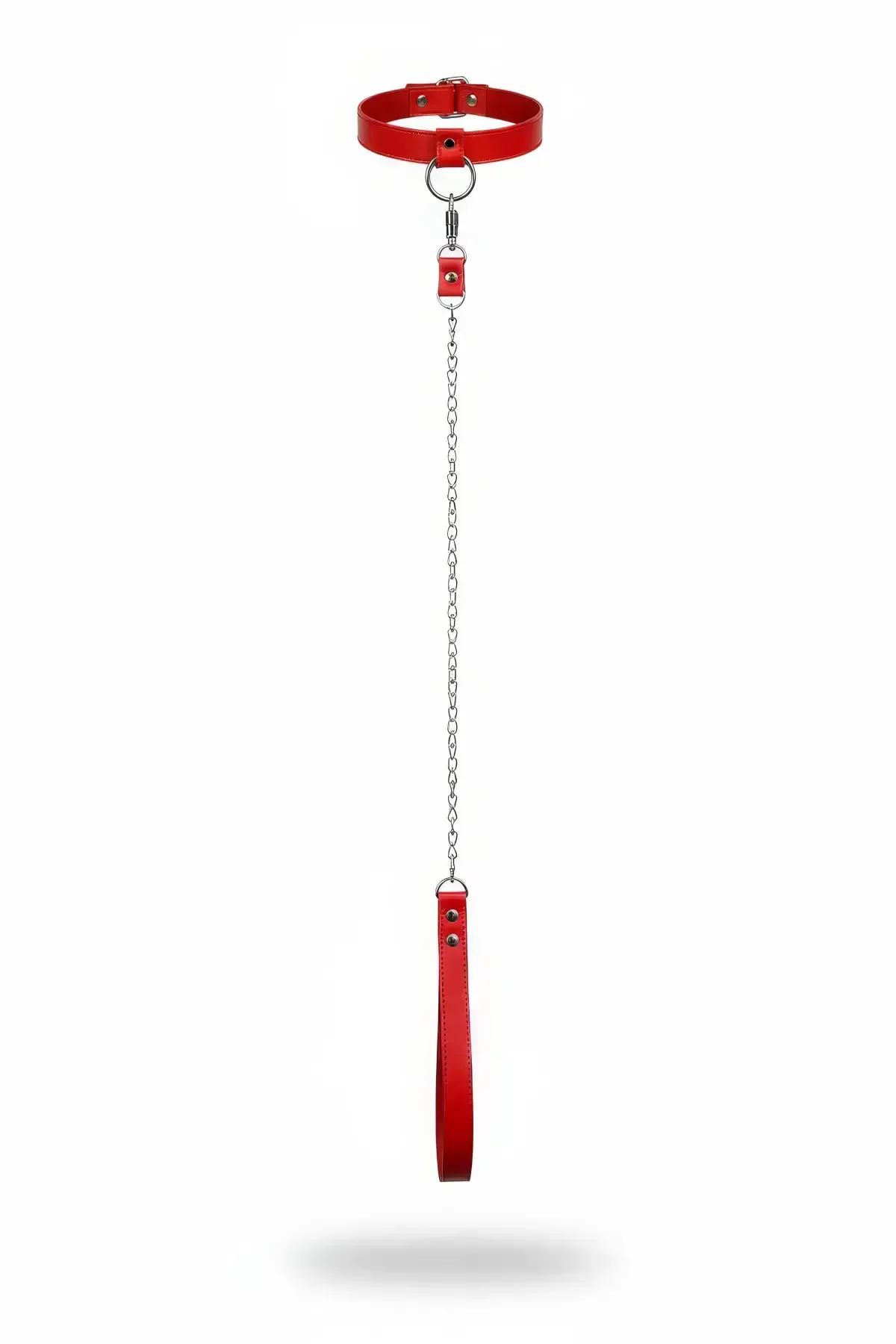 Gümüş O-halka ve kırmızı tutamaçlı 60 cm zincirli kırmızı suni deri çoker